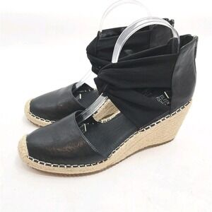 Eileen Fisher Sz 9.5  Espadrille Black Leather Wallice Coastal Wedge‎ Sandals